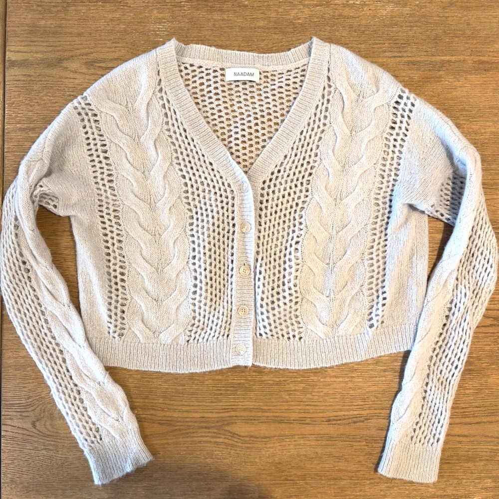 NAADAM Merino Cashmere Cable Knit Cropped Cardigan-Dusty Blue-Super Soft-Size XS